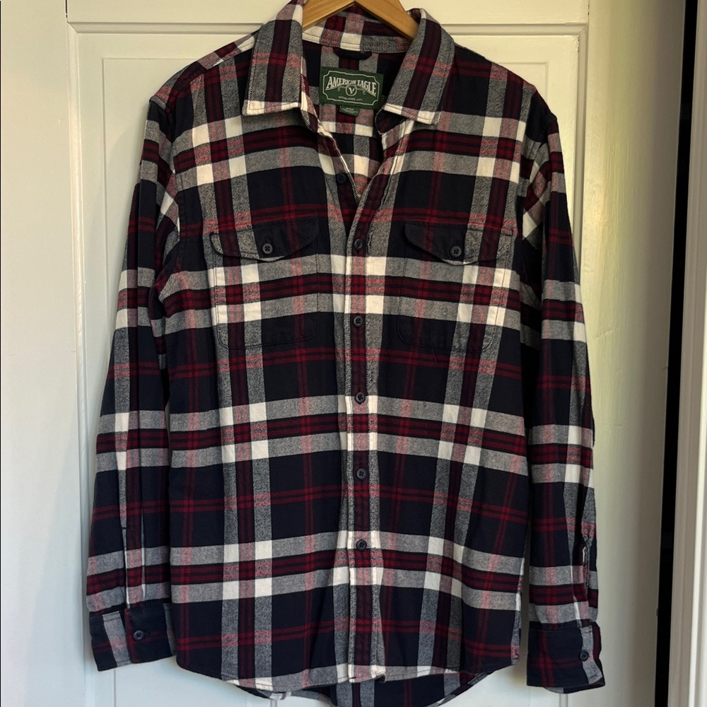 American Eagle Outfitters Men's Red and Black Checkered Shirt Size Medium